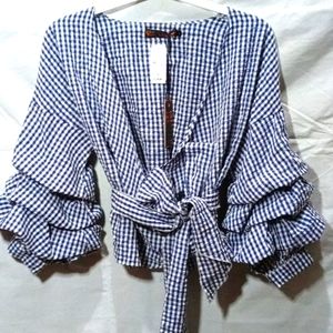 QED London Blue Plaid Ruffle Sleeve Crop Top